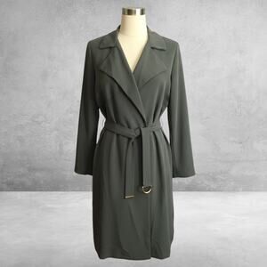 H & M Women Coat 12 Green Long Sleeve Belted Long Classic Fit Trench Duster